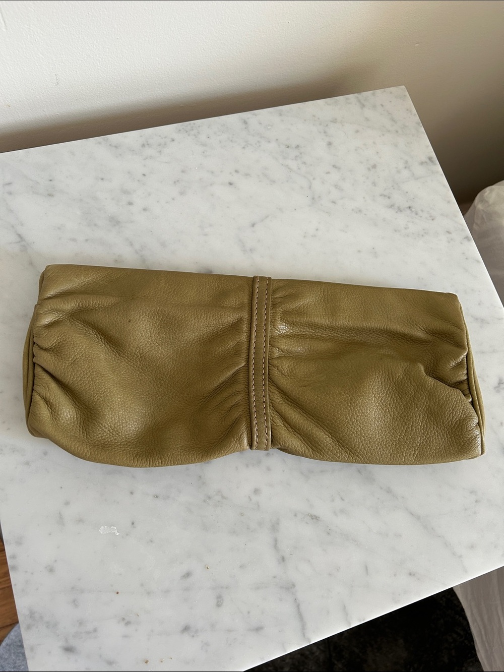 Fossil Olive Green Leather Handbag Clutch with Patterned Satin Lining